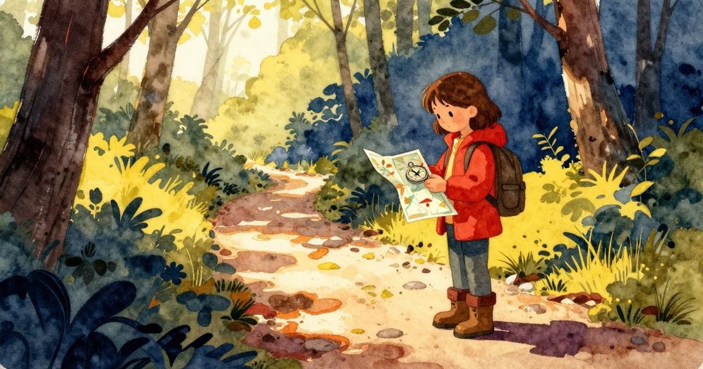 萊拉站在分岔路口,手中轉動指南針,環境燈光朦朧充滿未知,展現靜謐中蘊藏無限可能的未來冒險。