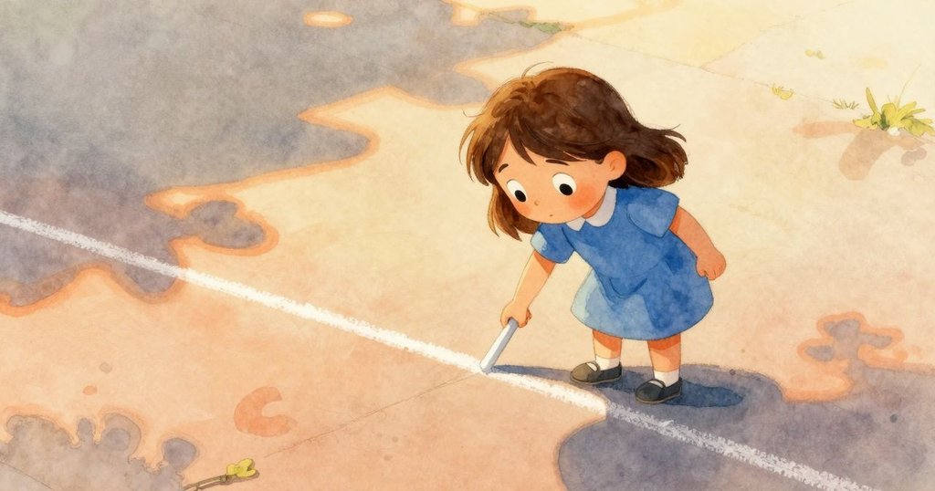 Flora正用白色粉筆在暖陽下的人行道上畫影子，陽光柔和，背景寬廣，充滿創作的專注與期待