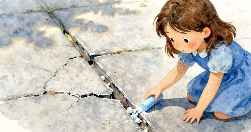 Flora的藍色粉筆從手中滑落進兩塊石板間的縫隙，細節清晰，光影分明，流露出意外的驚訝