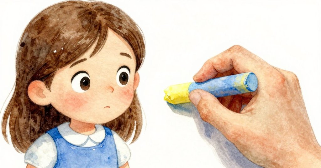 Flora靈機一動，用黃色粉筆頂住藍色粉筆形成支點，特寫展現創意和堅定表情，瞬間化錯為功