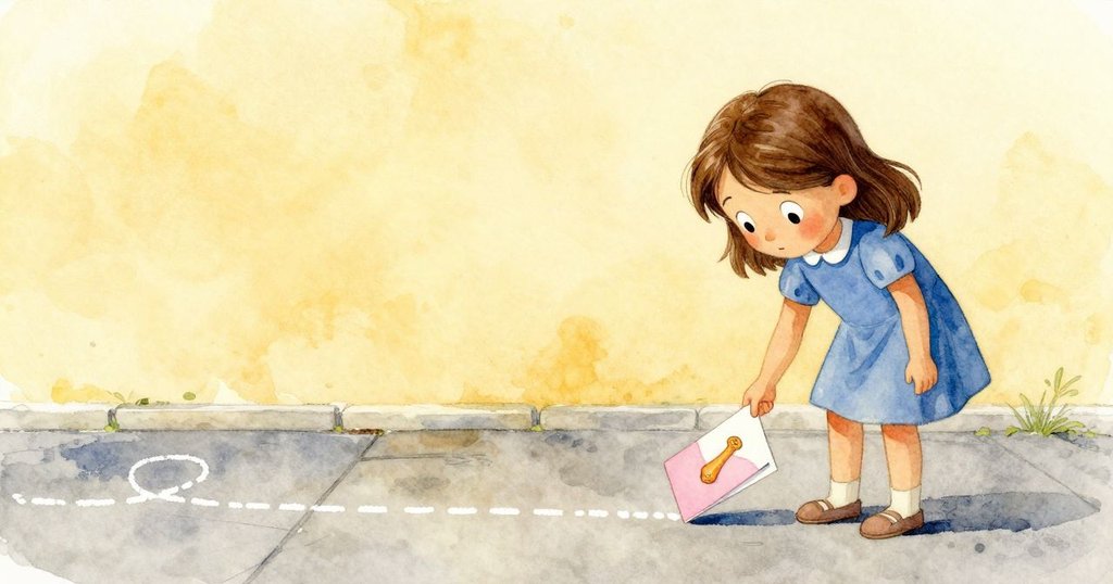 Flora完成連接平順線條，背景可見閃光硬幣與半壓參考卡，廣闊人行道上光影柔和，充滿滿足與平靜感