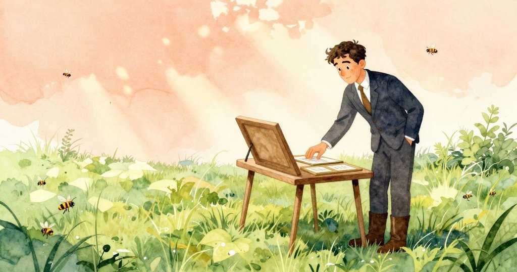 昆因在微光中發現整齊排列的框架，蜜蜂飛舞於露水草地上，表情充滿好奇與期待