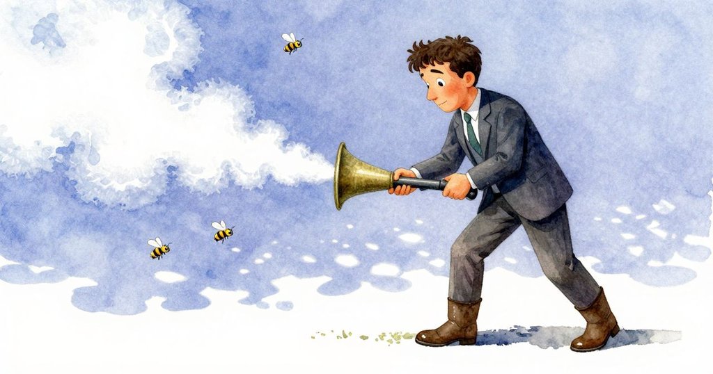 昆因用力推動鼓風機，白煙隨風捲起，蜜蜂伴隨動感軌跡飛舞，場面充滿活力與節奏感