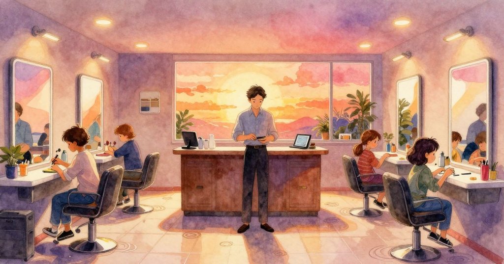 格蘭特進入繁忙沙龍接待區，注意到檯面上的水環與銅色夾子，表情好奇，背景人群互動氣氛熱烈。