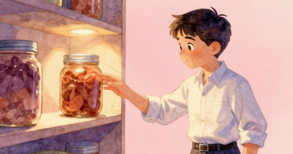 格蘭特伸手取下放在展示架邊緣的塑料瓶，瓶面散發草莓般嫣紅光澤，燈光柔和，畫面留有大量空白。