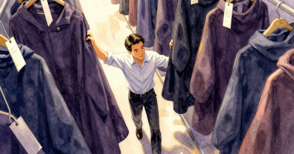 從高處俯瞰格蘭特側身穿梭于懸掛披風之間，尼龍輕拂手臂，價格標籤隨風飄動，展現動感。