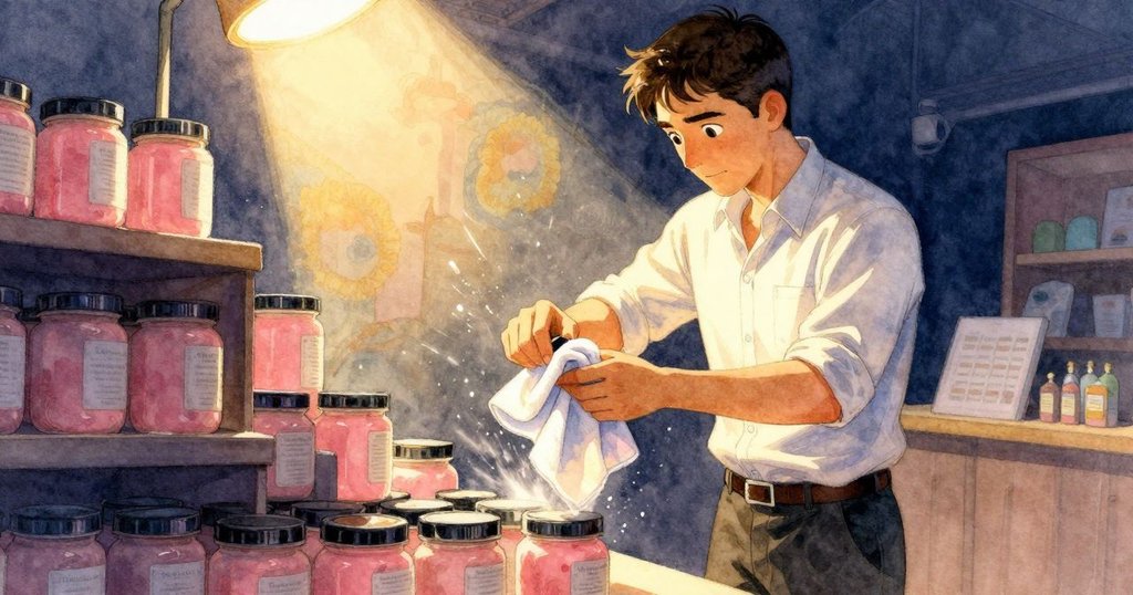 格蘭特動作果斷地解開領扣，用濕毛巾包住瓶蓋扭動，表情專注，室內燈光聚焦，動感十足。