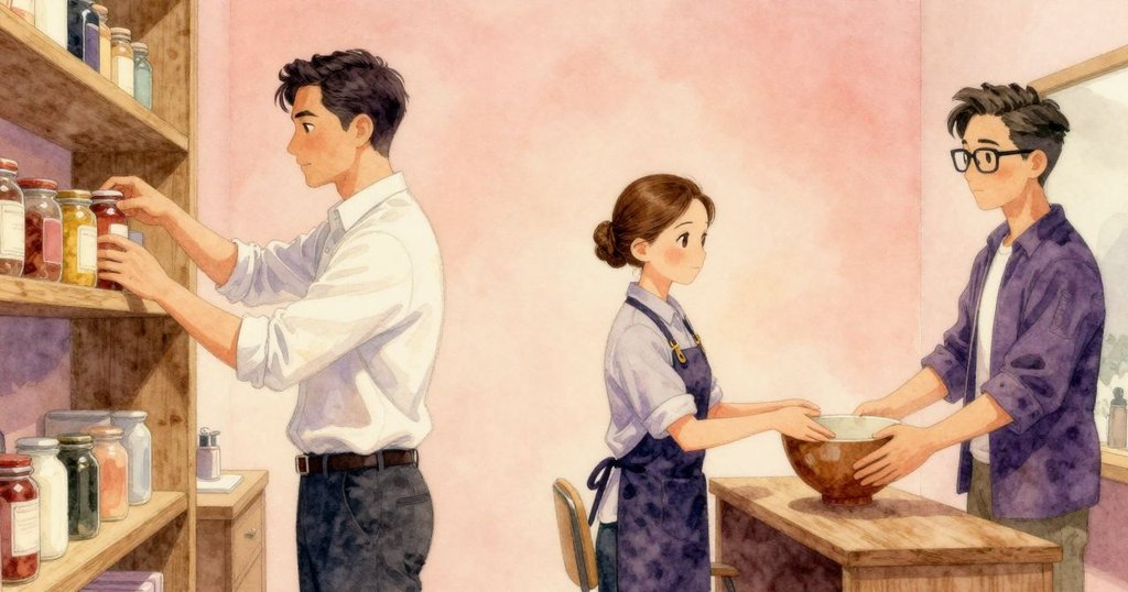 格蘭特將打開的瓶子輕放回展示架，沙龍內風格恢復平靜，旁邊造型師和戴爾默契相視，氛圍和諧。