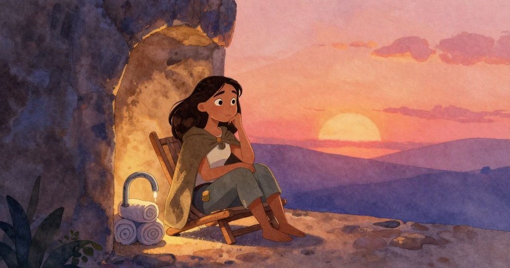 小艾西娜在造型區後的小隔間裡，站在擺滿捲起毛巾與滴水水龍頭的環境中，表情平靜，故事開頭情境細膩。