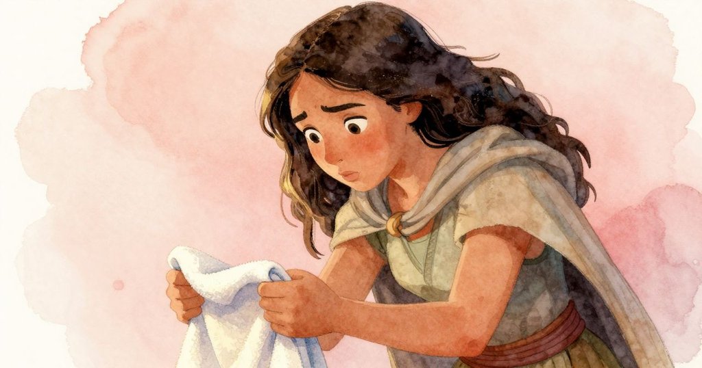 小艾西娜俯身拿起摺好的毛巾，專注將毛巾塞入領口，表現出她對避免水流侵襲的努力。