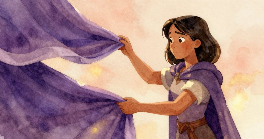 小艾西娜精心地在第一條毛巾下放置第二條毛巾，層層疊起像布製堡壘，背景的披風靜靜搖晃，展現動感。