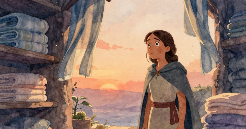 在隱密角落中，毛巾與懸掛披風交織出私密空間，小艾西娜微微調整身姿，水珠在空氣中飄舞，情境詩意。