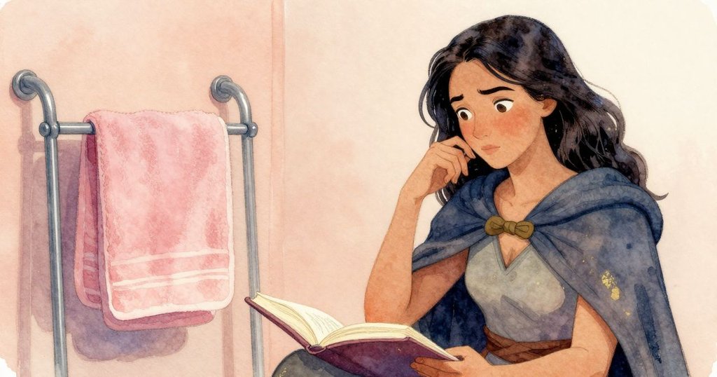 小艾西娜站在展示著乾淨毛巾的金屬架旁，翻開的雜誌上笑容滿滿的音樂家呈現歡快情緒，故事圓滿落幕。