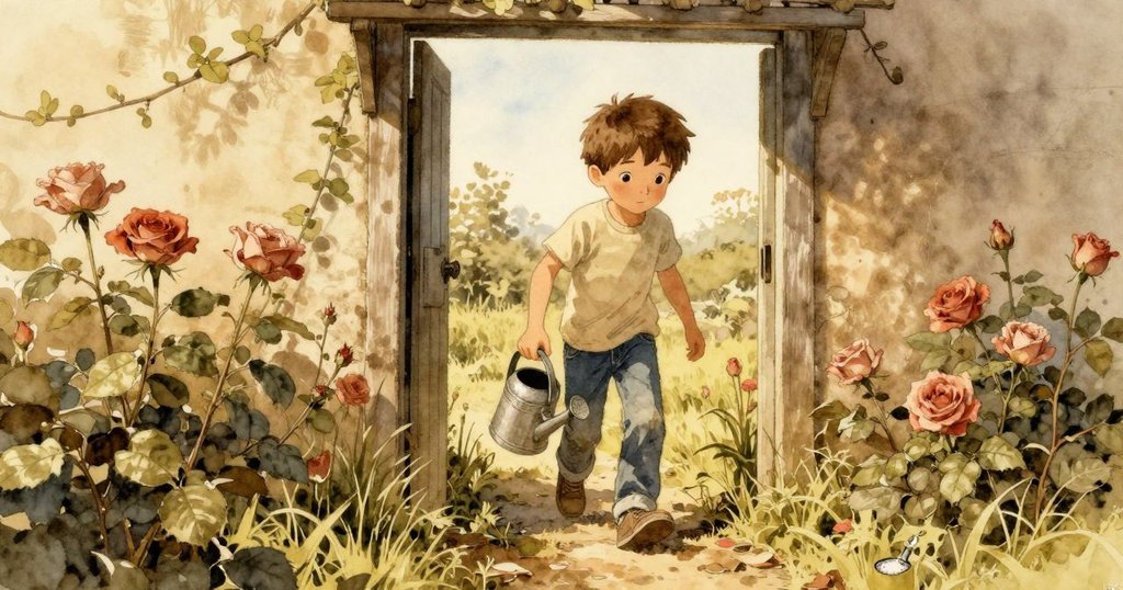 山姆小心踏入花園入口，背景有傾斜澆水壺、舊棚屋與橡樹，環境溫暖，充滿期待與冒險氣息