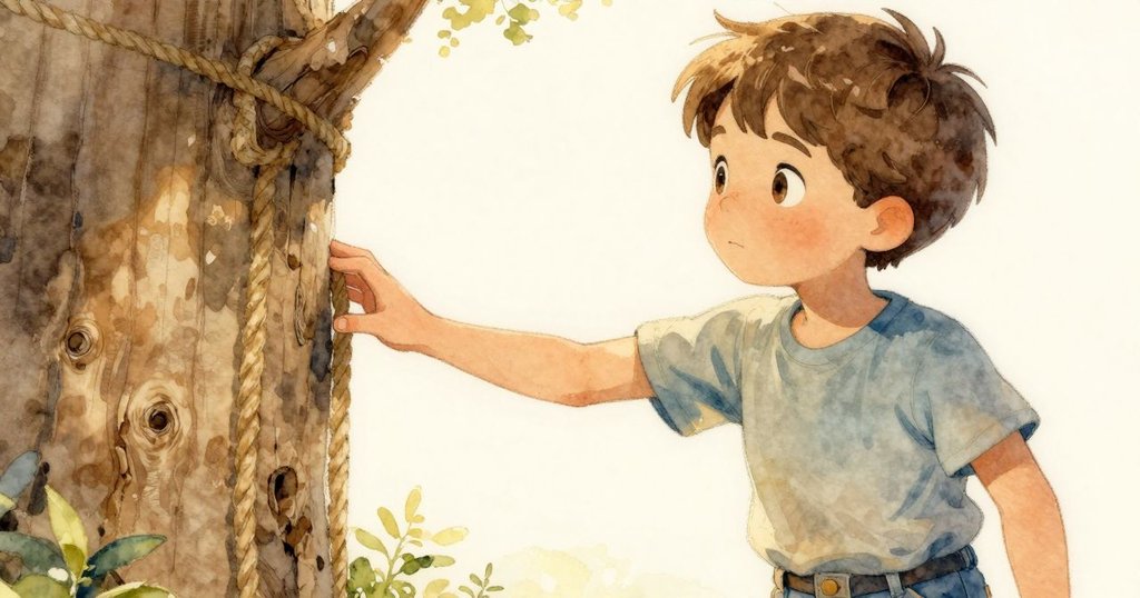 山姆特寫手觸摸溫暖繩圈，神情充滿好奇與驚喜，背景呈現樹皮質感與柔和光線