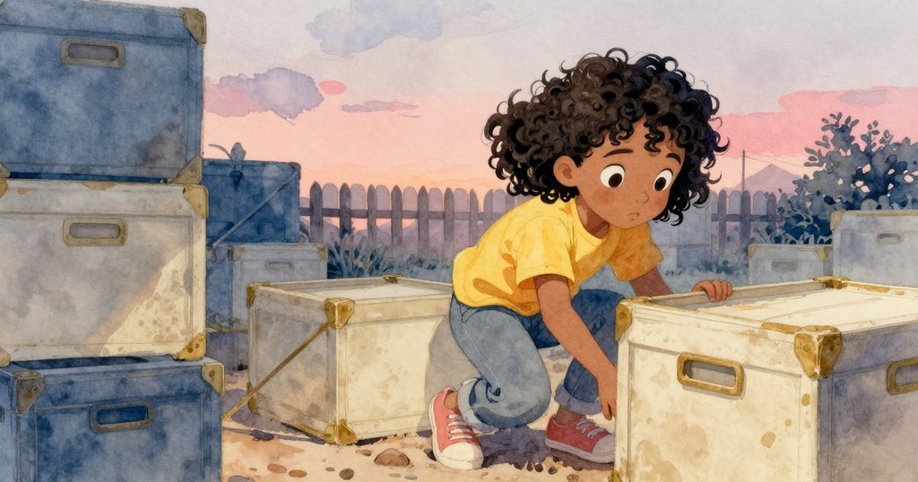 多恩蹲在貨箱後方，從高角度俯視，露水未乾，表情緊張而好奇，背景有低矮圍欄