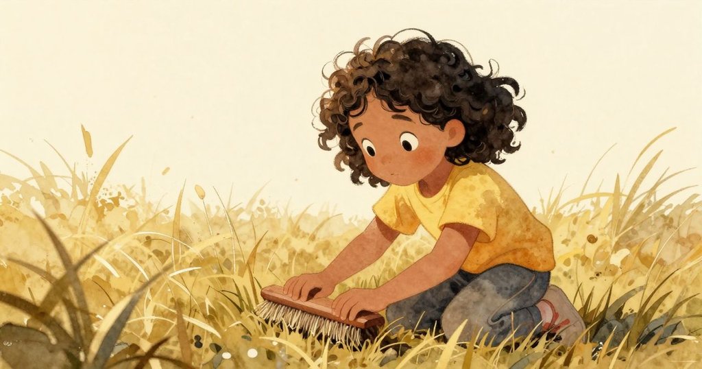 多恩在隱蔽角落輕拭草地露水，背景有低架與圍欄，神情從驚慌轉為鎮定與專注