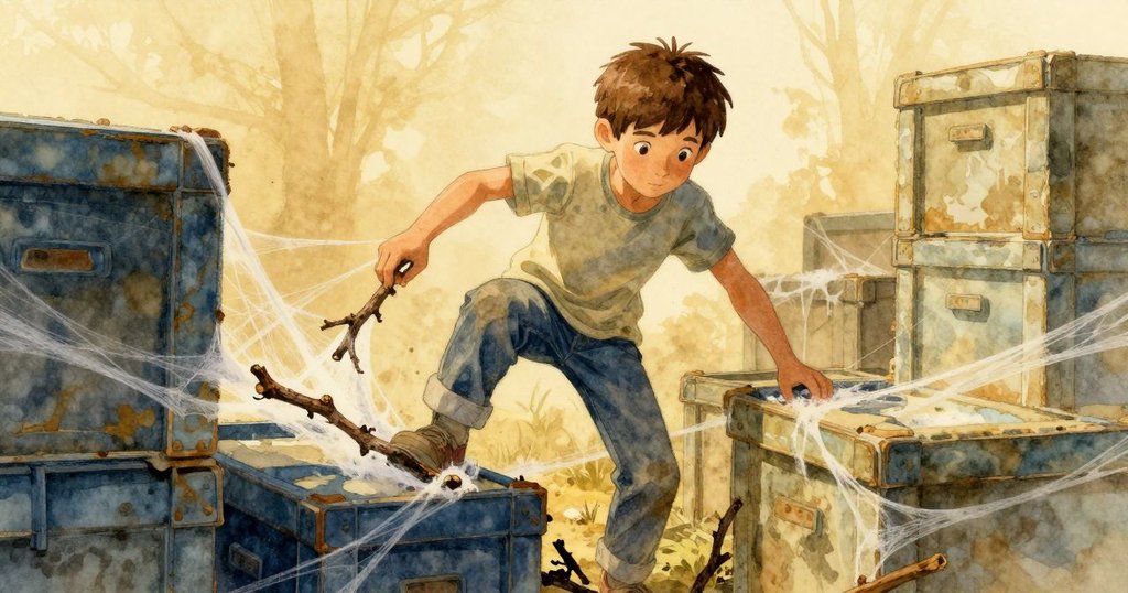 山姆手持細枝沿狹縫前進，臉上流露堅定與探究，靠近貨箱的新刮痕吸引注意