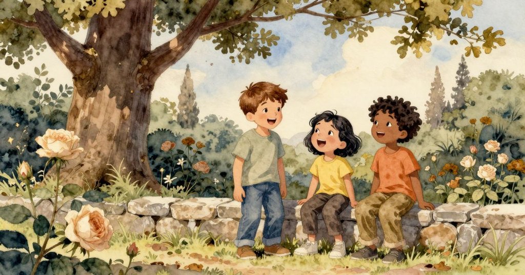 山姆與多恩站於橡樹旁石墻邊，夕陽餘暉中笑容滿面，告別今日探險，溫馨場面持續延展