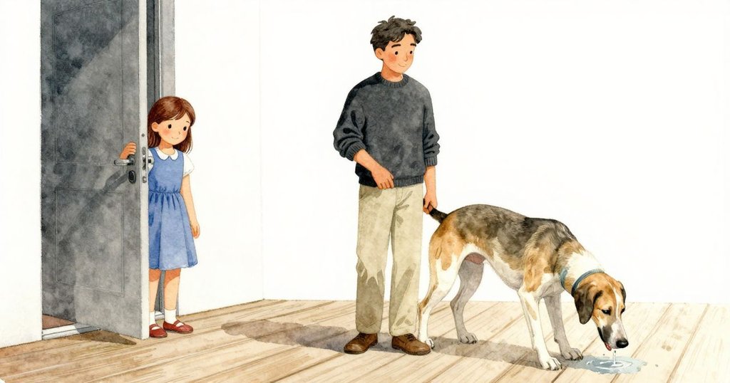 戴娜推開大門步入甲板,獵犬好奇嗅聞濕潤木板,父親站在欄杆旁,表情溫暖而期待。