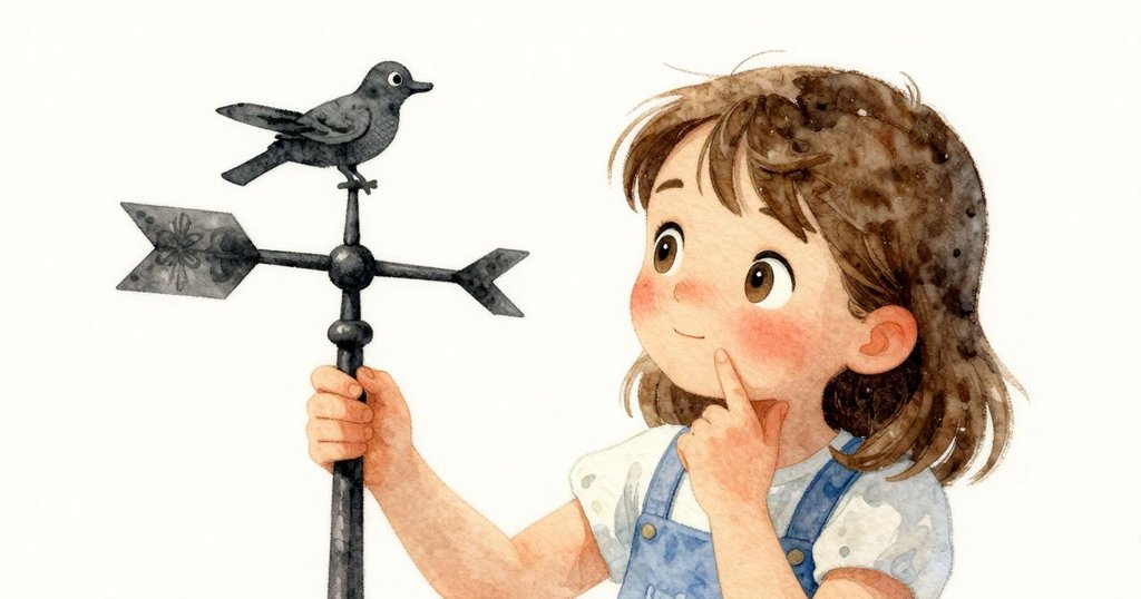 戴娜特寫臉龐展現好奇與決心,凝視風向標,背景朦朧,情感細膩流露。