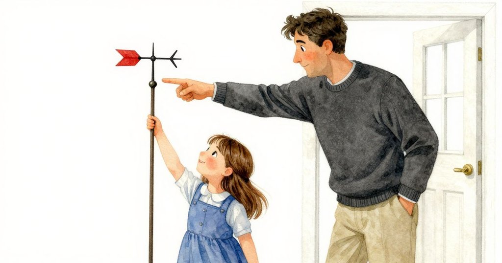 從肩後望去,戴娜輕敲風向標,背景見開門與父親剪影,表現出思索動作。