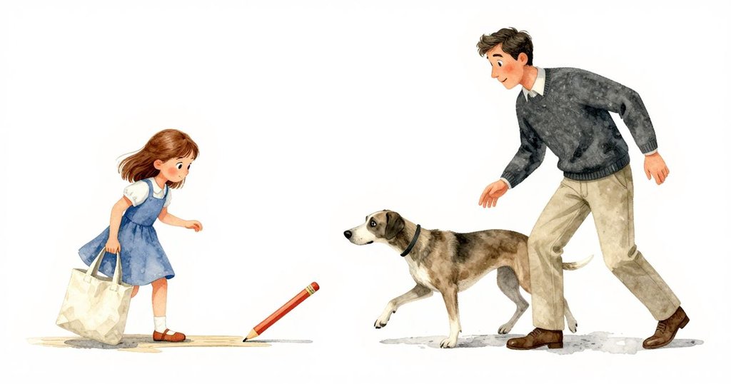 戴娜的手提包傾斜引發鉛筆滑行,父親驚訝退步,獵犬隨後,動作連鎖展現家居微妙變化。