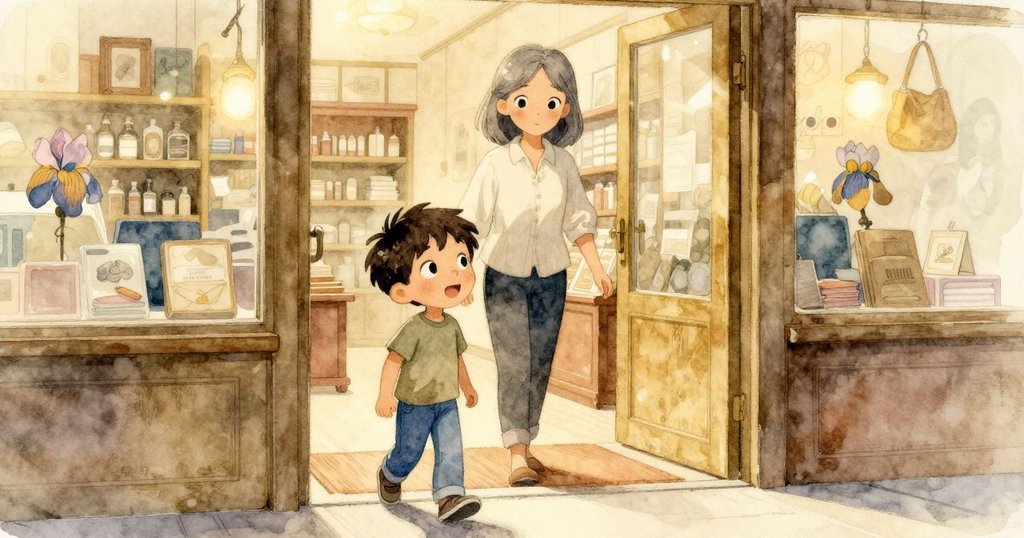 阿莫斯與衣瑞斯在商店入口處入內, 兩人邊走邊動態迎入, 表情期待, 溫馨光線映照廣角全景