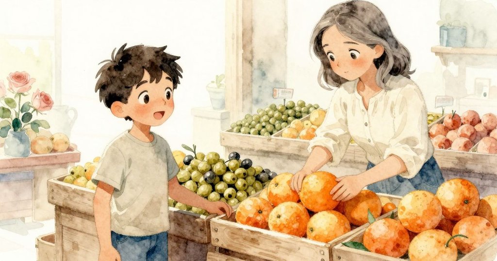 衣瑞斯在蔬果櫃前仔細稱橘子, 阿莫斯好奇觀看, 店內充滿生機, 溫暖光線中景呈現