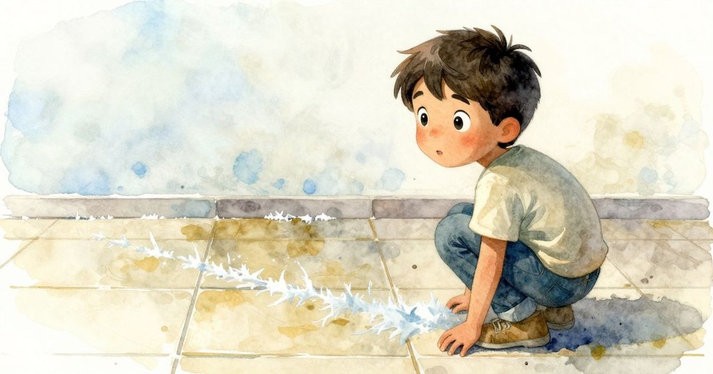 阿莫斯蹲下觀察地磚上結冰小水珠, 從後視角呈現靜謐探索, 冷氣流輕觸, 充滿好奇心