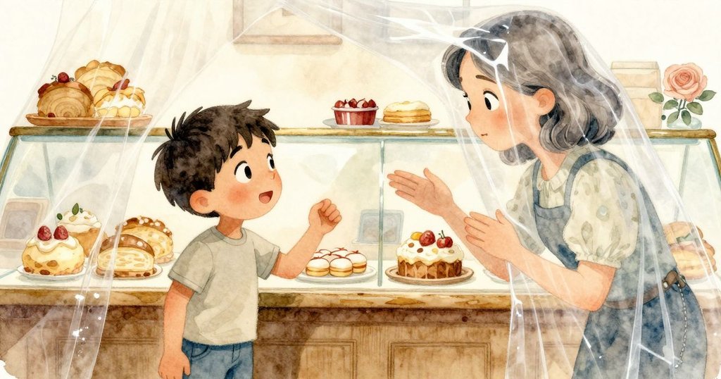 店內麵包櫃旁冷風吹過塑料蓋, 觸碰著溫暖金色麵包, 光影交錯, 呈現對比強烈的細節