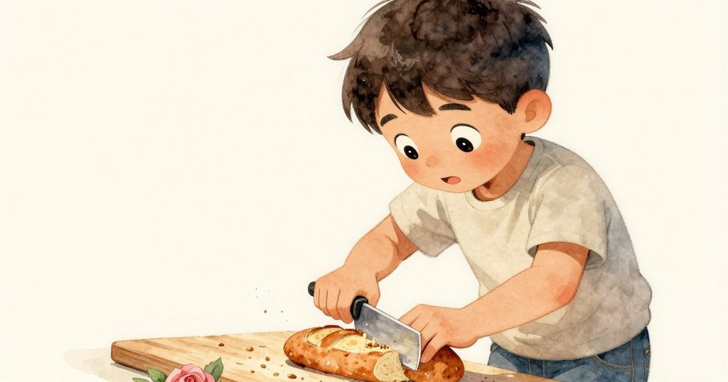 阿莫斯聚精會神觀察切麵包機, 麵包碎屑飛散, 工作人員動作娴熟, 特寫畫面呈現細節與溫暖光影