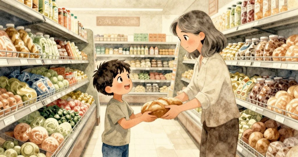 阿莫斯與衣瑞斯在蔬果區重逢, 阿莫斯手持軟麵包交給衣瑞斯, 店內溫馨光線, 廣角畫面呈現情感連結