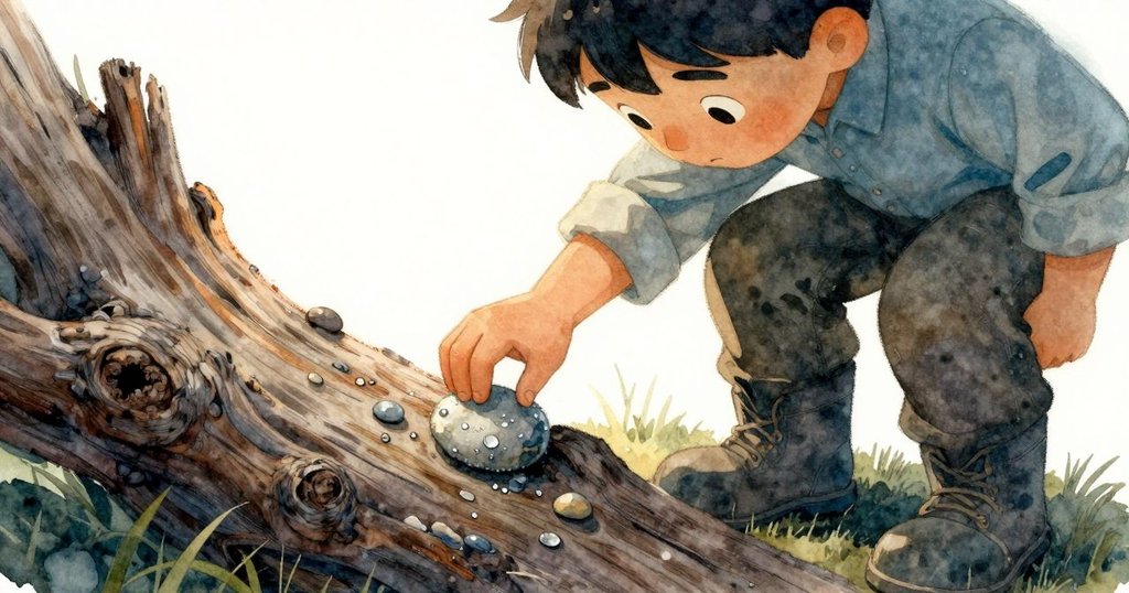 艾米爾仔細檢視橋欄的紋理與手中的石子，晨光柔和灑落，捕捉探險細節，展現專注神情