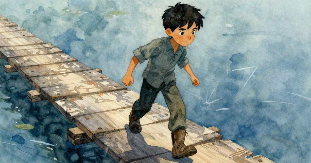 艾米爾在第四塊木板上停下，低角度展示他堅定的神情，木橋與繩索交織在晨光中勾勒出挑戰感