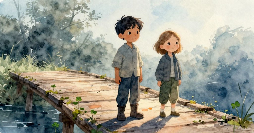 橋面上苜蓿初生，青苔綻露露珠，微風吹拂過老木板，呈現新季節生機，環境充滿柔和光影