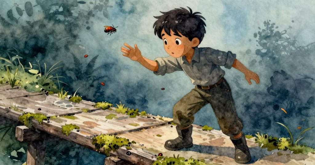 當橋面突然顫動，甲蟲從青苔中迸出，艾米爾驚訝中帶著堅定，輕觸濕潤的手指，做出抉擇