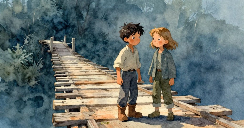 在橋尾，露娜微笑迎接艾米爾重逢，充滿喜悅與釋然，溫暖光線照亮相聚時刻，情感真摯動人