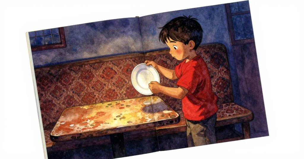 Quinn在老舊室內工作室裡傾斜提起盤子，背景有破舊桌子與花紋長凳，神情專注且充滿期待