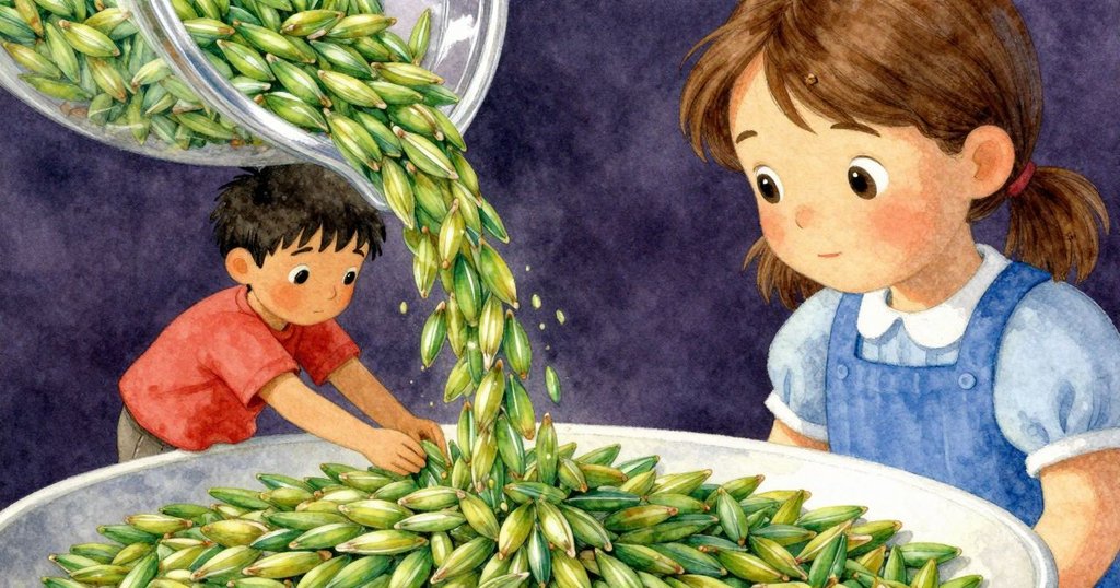 近距離呈現綠沙從盤中流出，細節豐富，Harriet模糊背景中計數，畫面精緻且充滿神秘感