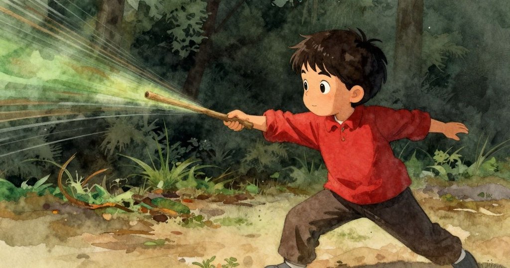 Quinn用力揮動較寬的細棒擊入瓶頸，綠棕沙粒隨之飛舞，動態軌跡展現變化瞬間，畫面生動有力