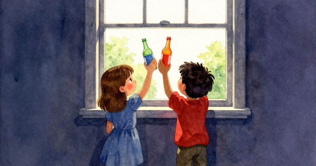 Quinn與Harriet並肩於窗前舉起彩瓶與容器，沐浴在柔和夕光中，表情滿足與喜悅，故事圓滿地落幕