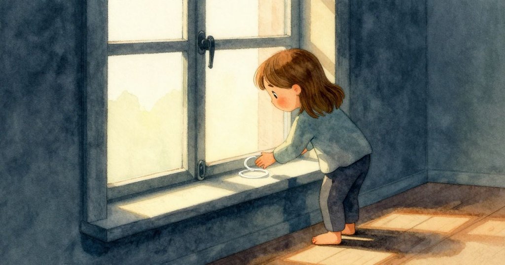 格蕾塔在窗台輕撫水環，窗外陽光灑入室內，神情專注，展開故事寧靜而溫暖的開端