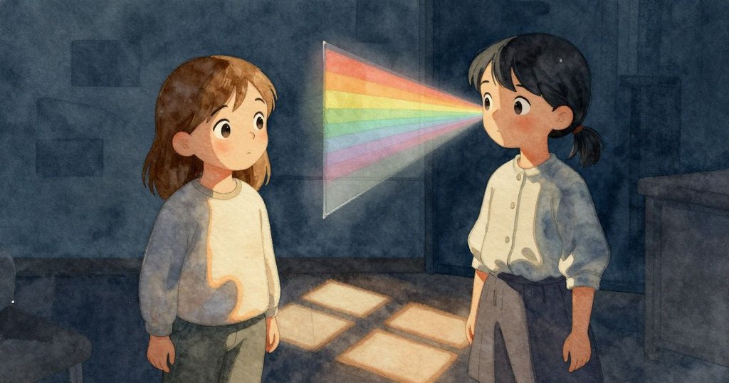 格蕾塔調整玻璃投射虹彩，蘇姬在背景沙發上閱讀，多層次光影交錯呈現故事發展