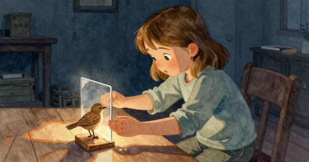 在新室內空間中，格蕾塔調整玻璃讓陽光輕撫木鳥和明信片細節，呈現情節轉折與溫暖氣氛