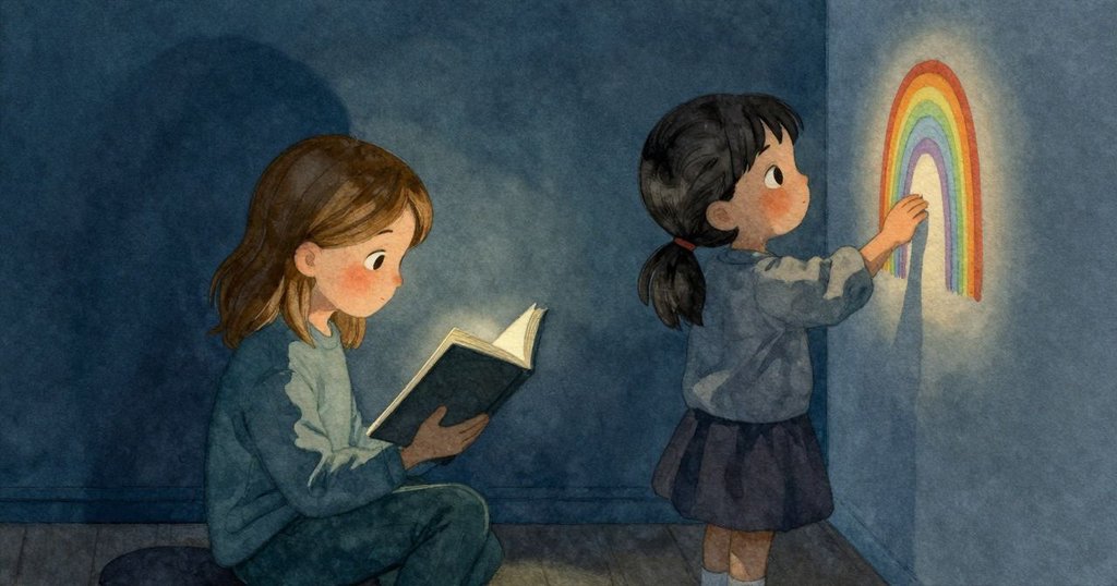 格蕾塔與蘇姬彼此互動，蘇姬邊閱讀邊談論彩虹變化，室內暖光中展現合作與關懷
