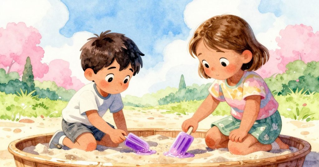 特洛伊與芙莉達在沙箱遊戲,明亮午後戶外場景,孩子們專注操作工具,充滿好奇與快樂的氛圍