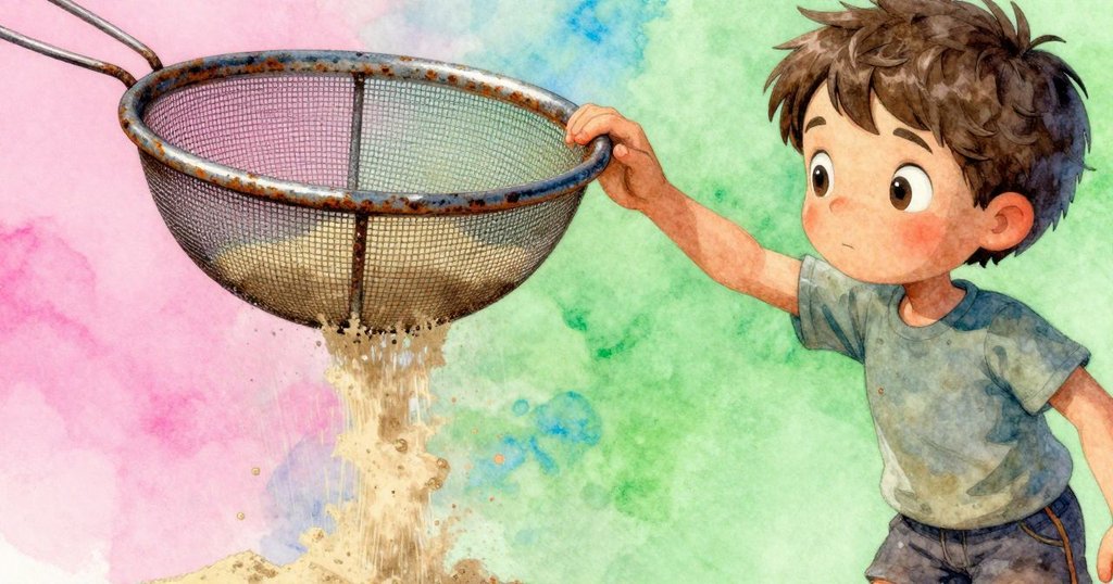 特洛伊正輕敲銹跡斑斑的篩子,細沙流動細緻特寫,展現探索與創意的瞬間