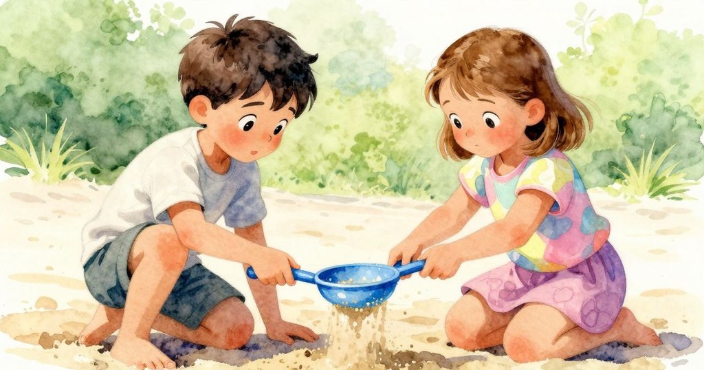 特洛伊與芙莉達合作篩沙,中景捕捉兩人專注動作,互相交流工具,充滿友善與創意氛圍