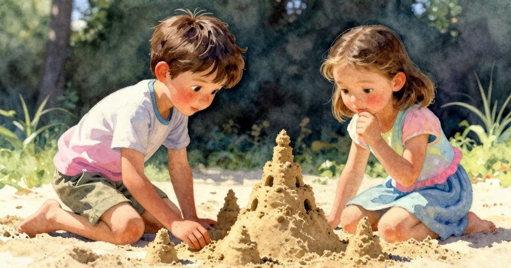 特洛伊與芙莉達看著逐漸成形的沙雕,中景展現金色光影與溫暖成就,流露滿足與夢幻情懷